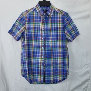 Ralph‎ Lauren Boys Blue Plaid Short Sleeve Button Down Preppy Shirt Large 14/16